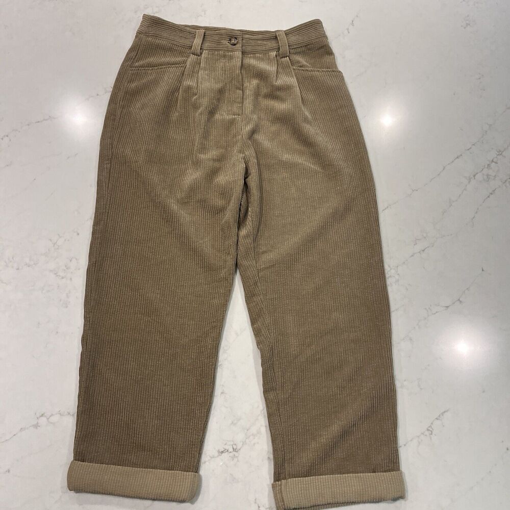 Petal & Pup Sz 10 High Waisted Pleated Wide Leg‎ Ankle Crop Corduroy Pants Tan